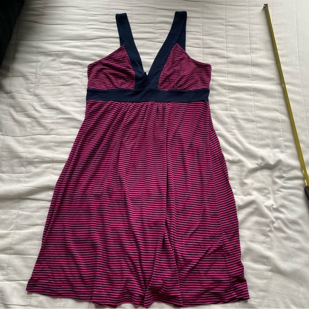 Striped V-Neck Tank Dress in Magenta and Navy